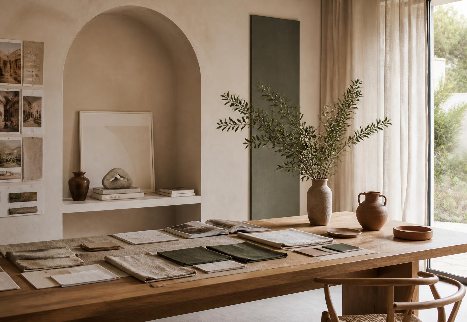 Atelier Vero studio table with fabric swatches, ceramics and plaster walls
