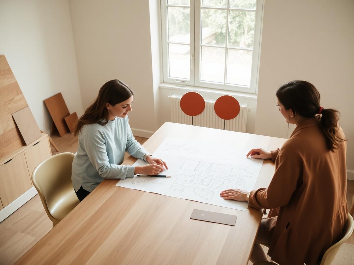 Two designers reviewing floor plans in the Atelier Vero studio